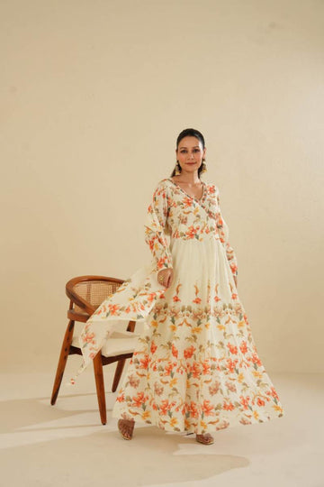 Cotton With Hand Work Gown With Dupatta