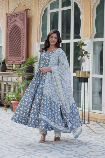 Cotton Printed Stylish Gown With Dupatta Collection