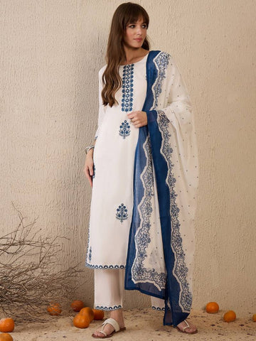 Cotton Embroidered Kurti Bottom With Dupatta