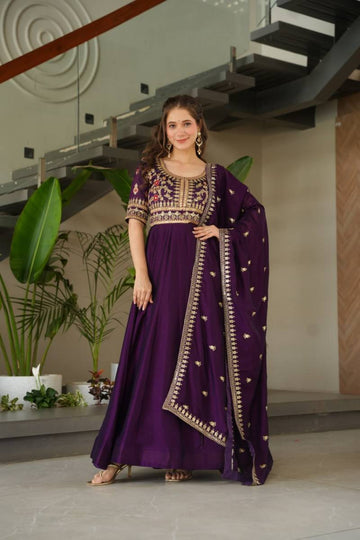 Beautiful Vichitra Silk Gown With Dupatta Collection
