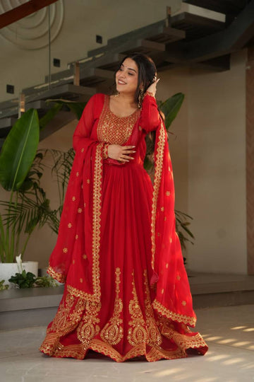 Embroidered Faux Georgette Gown With Dupatta Collection