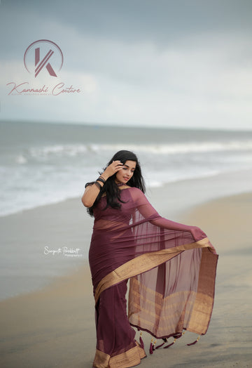 Sophisticated Mauve Plain Chiffon Saree with Gold Zari Border, Matching Printed Blouse & Tassel Detailing