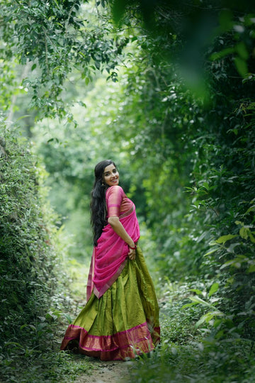 Mehndi Banarasi Art Silk Lehenga Choli with Georgette Lace Dupatta
