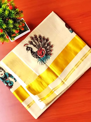 Krishna & Mayura Golden Tissue Kasavu Saree with Running Blouse