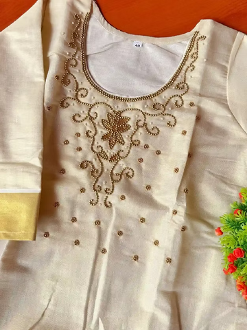 Tissue Golden Kasavu Kurthi with Heavy Stone Work