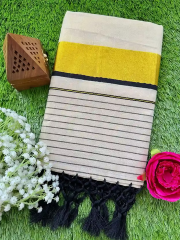 Tussel Tissue Kerala Saree with Black Border and Stripe Pallu