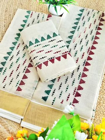Maroon with Green Temple Designer Tissue Set Mundu