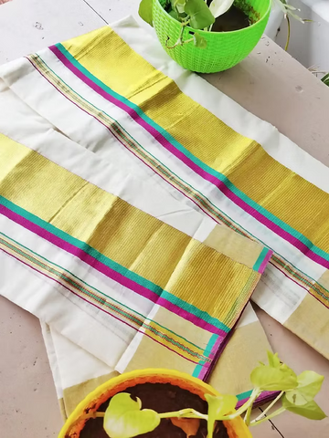 Jade Green with Purple Kara Cotton Kasavu Set Mundu