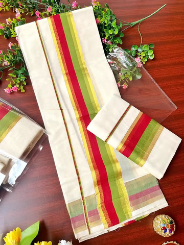 Moss Green and Scarlet Red Double Shade Cotton Kasavu Setmundu