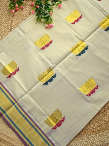 Lotus Jacquard Forest Green & Maroon Handloom Kasavu Tissue Saree with Blouse