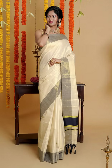 Classy Black Tussel Tissue Kasavu Saree