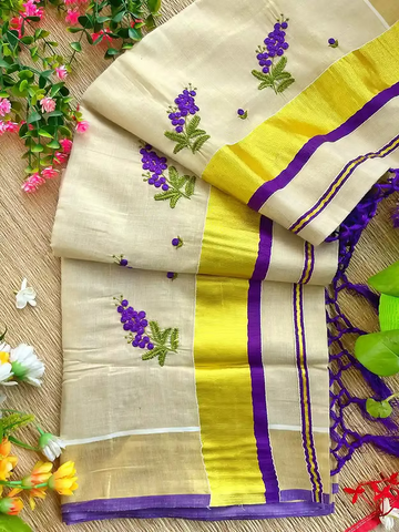 Purple Flower Embroidery Tussel Tissue Kerala Saree with Blouse