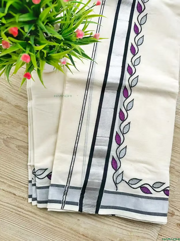 Black Creeper Embroidery Silver Kasavu Cotton Setmundu