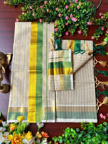 Green & Golden Stripe Kasavu Tussel Tissue Setmundu