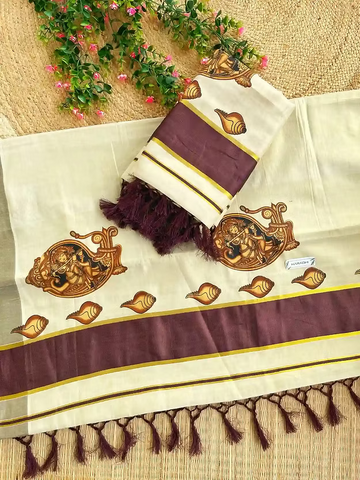 Antique Mural Design Coffee Bean Tussel Tissue Kasavu Saree