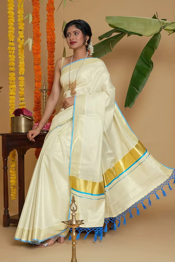 Turquoise Tussel Tissue Kasavu Onam Saree