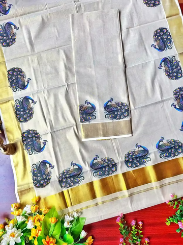 Peacock Designer Tissue Kuthampully Setmundu