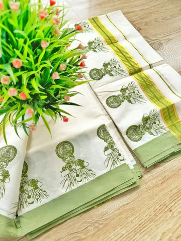 Kathakali Fern Green Designer Kasavu Cotton Setmundu