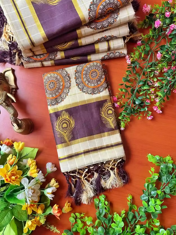 Coffee Block Kasavu Saree with Feather and Floral Design