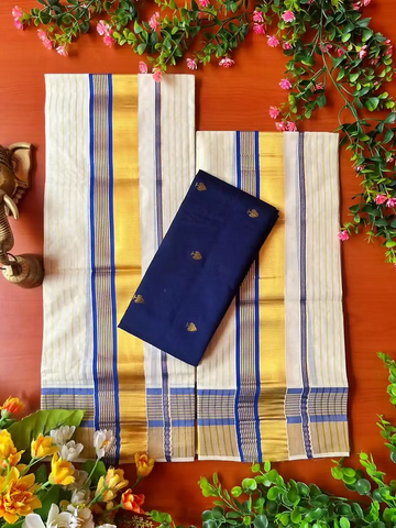 Golden Stripe Berry Blue Kasavu Kara Cotton Setmundu with Blouse