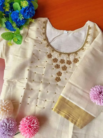 Bloom Designer Stone Work Golden Tissue Kurthi with Sleeves Attached