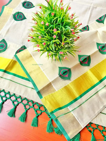 Feather Lawn Green Kasavu Tussel Tissue Setmundu