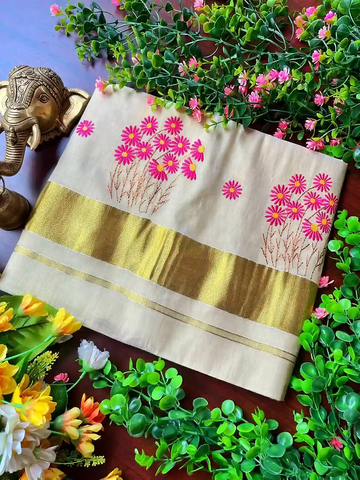 Krishna & Mayura Golden Tissue Kasavu Saree with Running Blouse