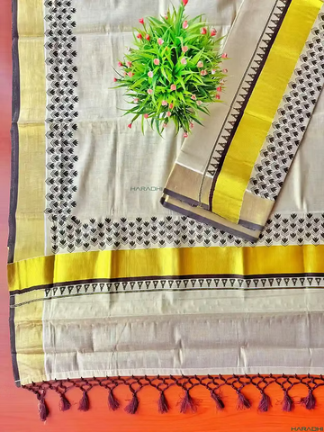 Coffee Bean Floral Temple Border Kasavu Tissue Setmundu