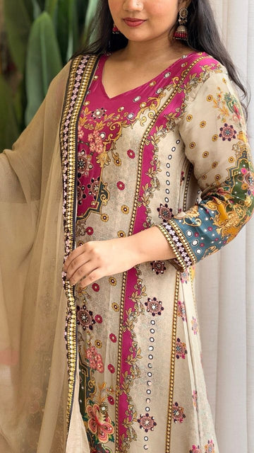 Muslin Cotton Anarkali Plaza Set with Double-Shade Dupatta & Pearl Mala – Summer Ready Style