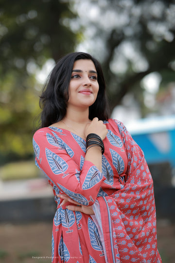 Elegant Cotton Flared Kurta Set with Dupatta