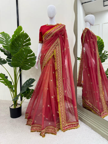 Radiant Red Designer Twill Net Saree with Sequin Embroidery