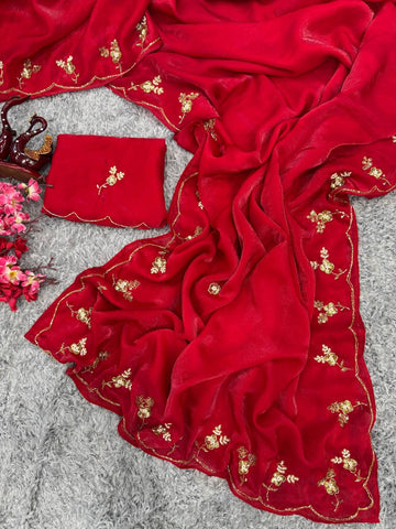 Red Space Silk Saree with Minimal Katdana & Pearl Handwork