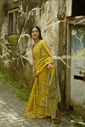 Yellow Pure Linen Chanderi Saree with Golden Zari Border & Batik Printed Blouse