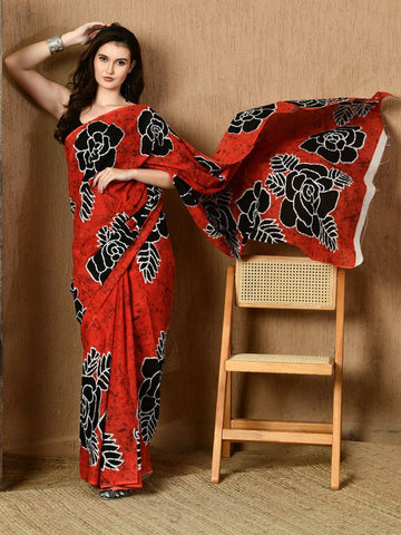 Floral Ajarakh Saree in Japan Satin Crepe