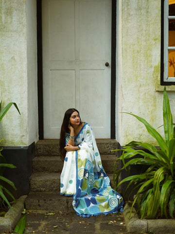 White Pure Linen Chanderi Saree with Colorful Circular Motifs & Blue Batik Printed Blouse