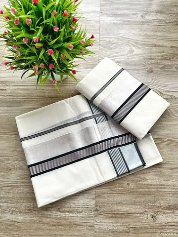 Black Premium Silver Kasavu Cotton Handloom Setmundu
