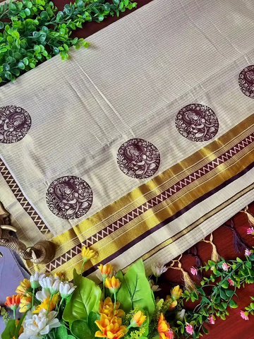 Coffee Bean Sree Krishna Block Kasavu Tussel Tissue Saree with Blouse