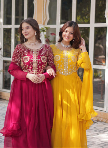 Embroidered Faux Georgette Gown with Border Dupatta