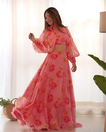 Premium Floral Organza Silk Lehenga Choli Set, Stitched, Grand Flair, Detachable Sleeves.