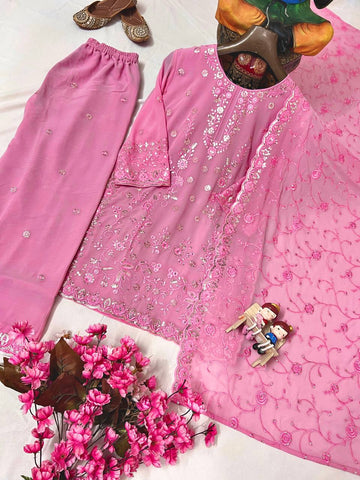 Elegant Faux Georgette Embroidered Kurti Palazzo Set with Dupatta