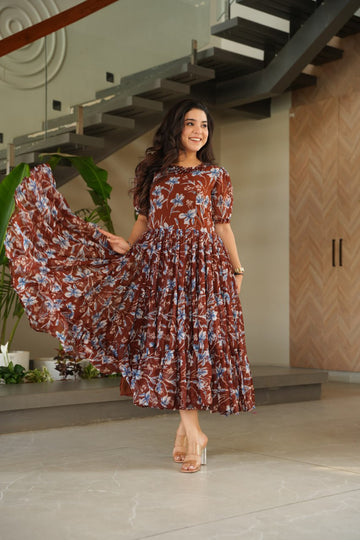 Desirable Women’s Printed Faux Georgette Gown with 12-Meter Flair