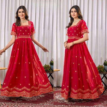Faux Blooming Zari & Sequin Embroidered Gown with Cutwork Sleeves – 4 Classy Colors