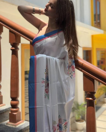 Floral Ajarakh Saree in Japan Satin Crepe