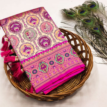 Kanjivaram Soft Silk Saree with Meenakari Zari Weaving & Contrast Blouse