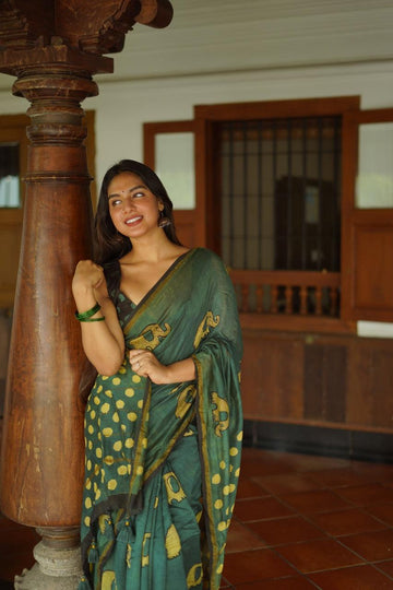 Green Pure Linen Chanderi Saree with Circular Motifs and Black Batik Printed Blouse