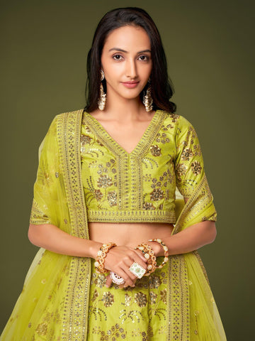 Slub Silk Lehenga Set with Embroidered Dupatta, Semi-Stitched