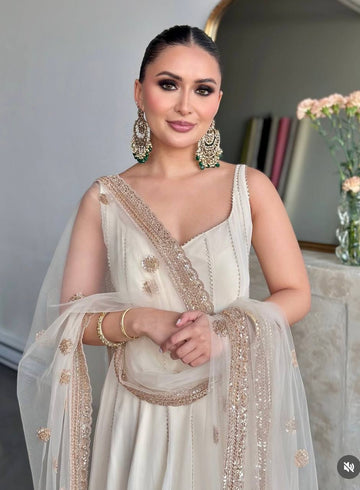 Embroidered Fox Georgette Gown Set with Dupatta & Butter Silk Bottom