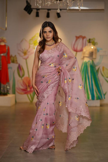 Soft Organza Silk Saree with Multithread Embroidery & Heavy Feentam Silk Blouse