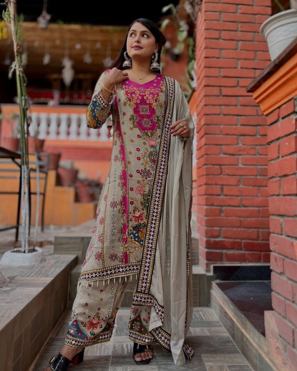 Muslin Cotton Anarkali Plaza Set with Double-Shade Dupatta & Pearl Mala – Summer Ready Style