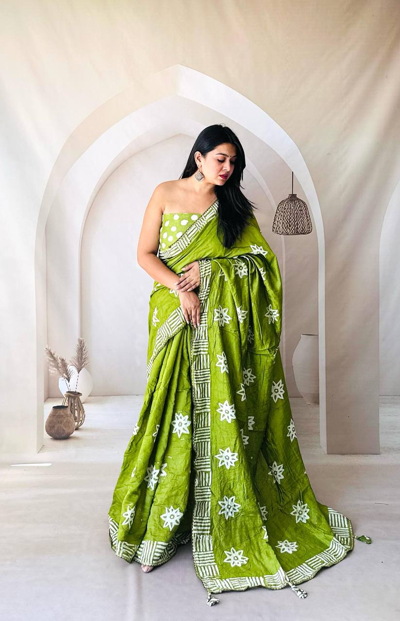 Batik Print Cotton Saree with Sequin Butta & Designer Latkan Border